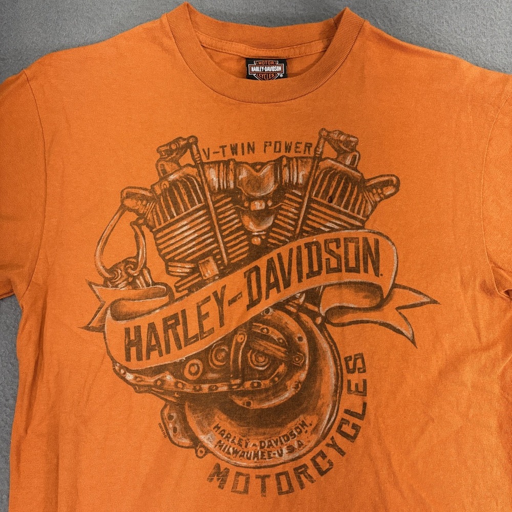 Harley-Davidson Shirt Mens M Orange V-Twin Motorcycles Graphic Dealer Timms